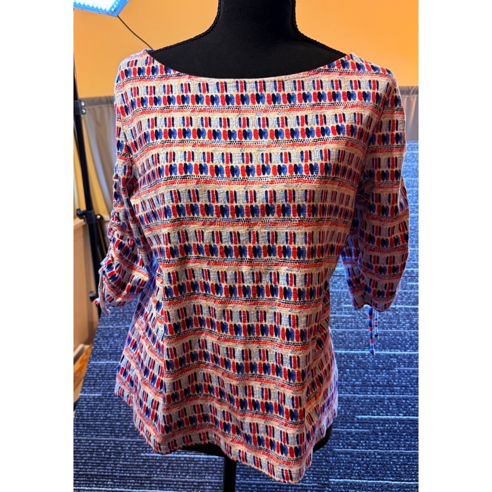 Rafaella Blouse Women L Red White Blue Good Ruched Tie 3/4 Sleeve Cotton Top